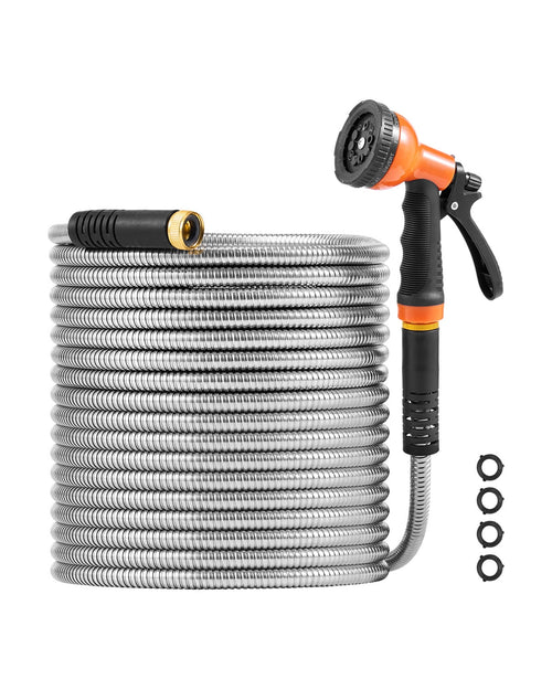 Coiled stainless-steel garden hose with black-and-orange multi-function spray nozzle and four rubber washers
