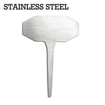Stainless steel plant marker with pointed stake and blank rectangular label area, shown on white background under text