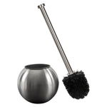 Stainless steel globe toilet brush holder with detached brush showing black bristles