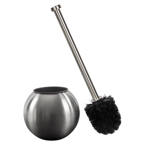 Stainless steel globe toilet brush holder with detached brush showing black bristles