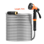 Coiled stainless-steel garden hose shown with orange-black multi-function spray nozzle and 'Length: 75 ft' text
