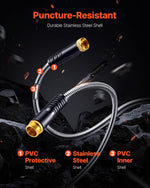Graphic close-up of stainless-steel hose construction labeled PVC protective, stainless steel, and PVC inner with puncture-resistant headline.