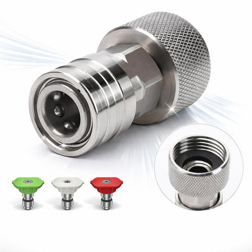 Close-up stainless steel quick-connect hose adapter with knurled grip and inset threaded end, studio on white.
