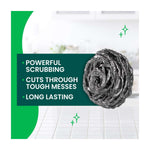 Single stainless steel scrubber beside text panel listing benefits like powerful scrubbing and long lasting