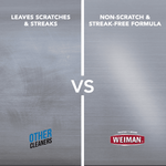 Split comparison of brushed metal surfaces showing "other cleaners" leaving scratches versus Weiman's non-scratch finish.