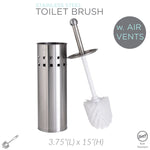 Stainless steel toilet brush and vented holder shown on white background with text callouts for air vents