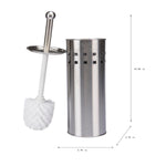 Stainless steel vented toilet brush and holder on white background with dimensional arrows and measurements