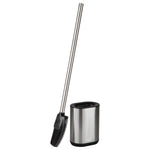 Stainless steel toilet brush with long handle and oval satin metal holder, black rubber brush head visible