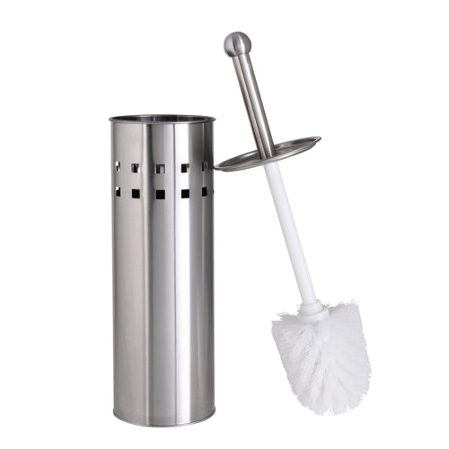 Stainless steel toilet brush holder with square vent cutouts and a white-bristled toilet brush leaning beside it