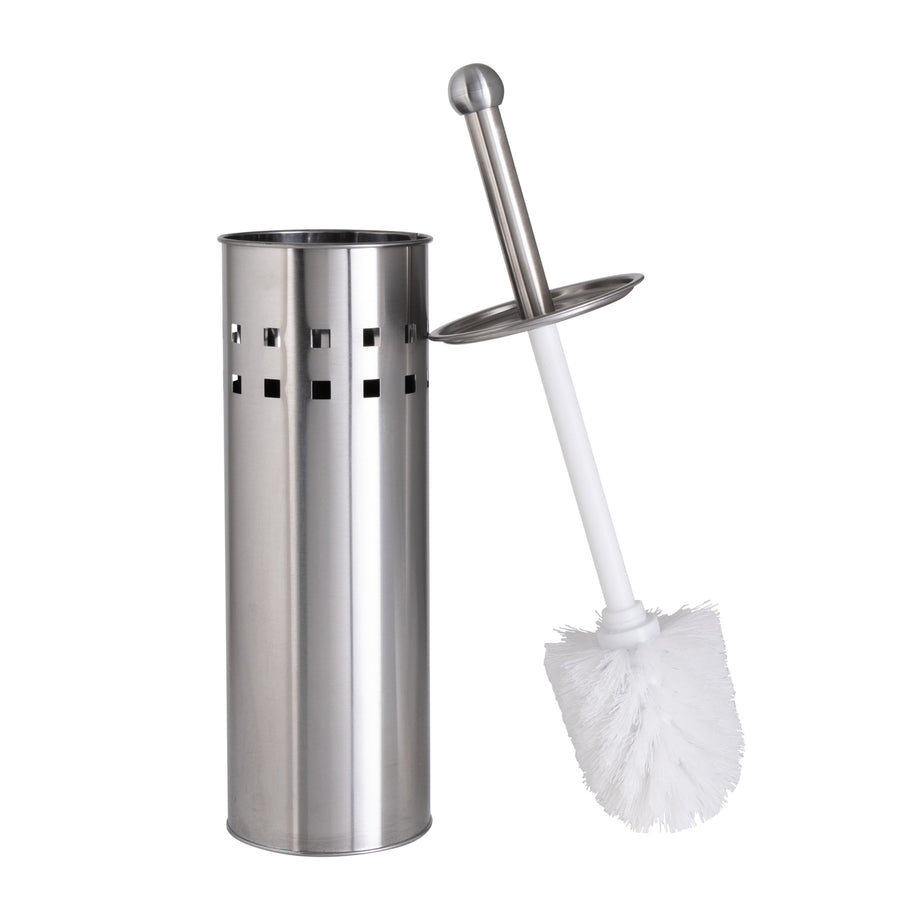 Stainless steel toilet brush holder with square vent cutouts and a white-bristled toilet brush leaning beside it