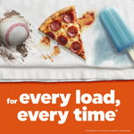 Stained white towel with baseball mud, pizza grease and a popsicle; text reads “for every load, every time”