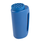 Blue plastic handheld seed and salt spreader with twist-off perforated lid and side handle