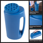 Product collage showing blue handheld spreader, close-ups of lid, handle and refilling demonstration