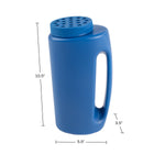 Blue plastic handheld spreader with perforated twist lid shown with dimensional measurement annotations