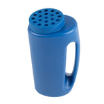 Top-angle view of a blue plastic seed and salt spreader with circular perforated lid and molded handle