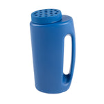 Vertical view of a blue handheld seed and salt spreader showing oval side handle and threaded lid