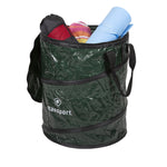 Green Stansport collapsible bin holding a rolled blue mat, colorful towel and other gear, showing interior use.
