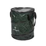 Green Stansport collapsible pop-up trash can with black handles and printed logo on white background.