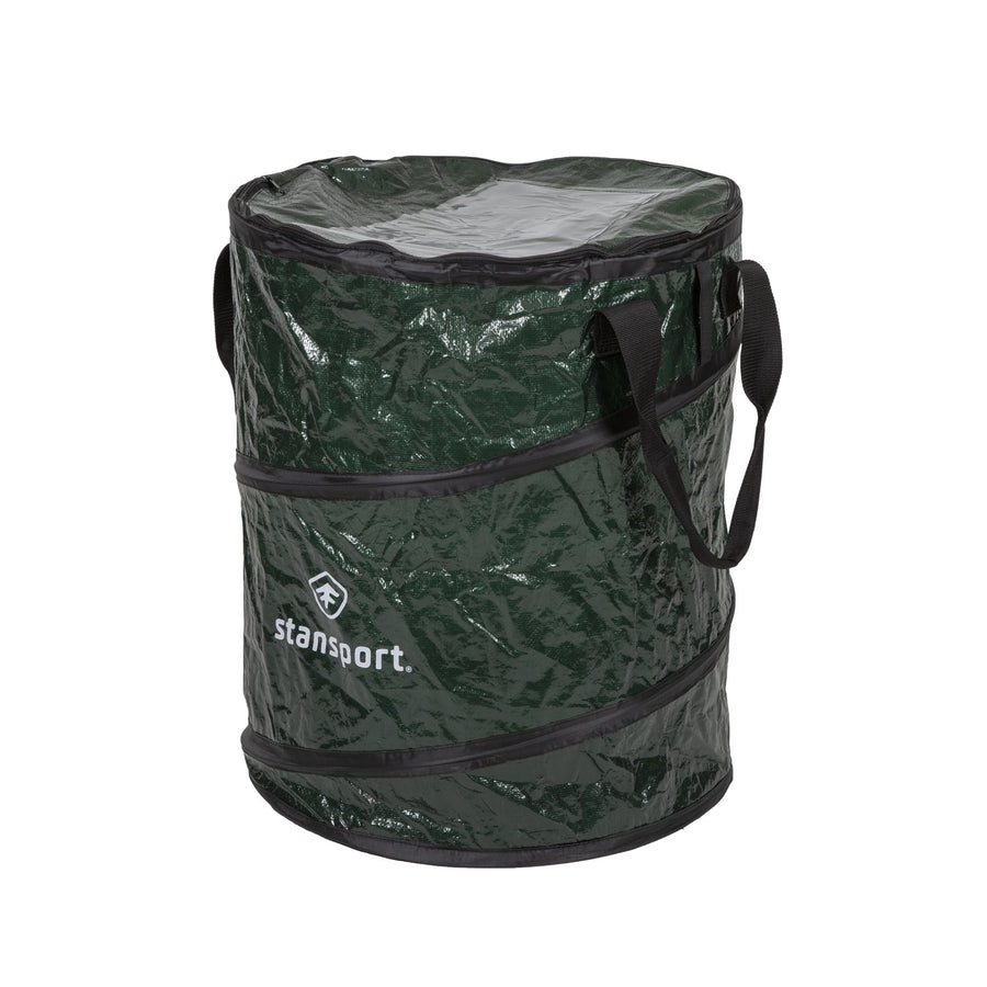 Green Stansport collapsible pop-up trash can with black handles and printed logo on white background.