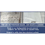 Label close-up showing a side-by-side 'Before' and 'After' aluminum comparison and text 'For use on pontoon boats, jon boats & canoes'.
