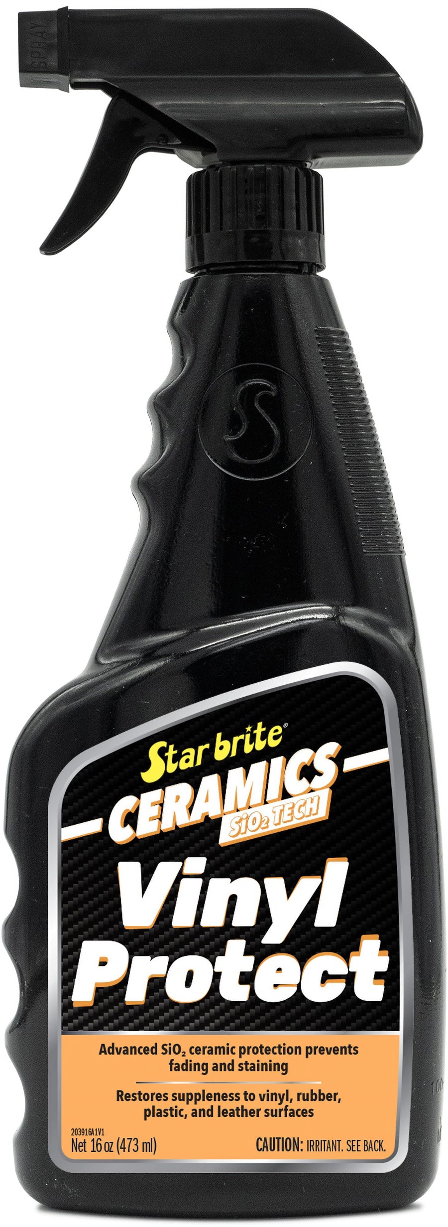 Close-up studio photo of a black Star brite Ceramics Vinyl Protect spray bottle with visible front label