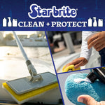 Star brite branded clean and protect graphic featuring cleaning scenes: mop, hand wiping a surface, and applicator pad