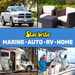 Lifestyle collage showing car, patio furniture, RV and fishing boat with Star brite logo and Marine Auto RV Home text