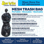 Informational graphic for Star brite mesh trash bag listing features like locking suction cup, drawstring and reinforced seams