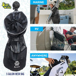 Lifestyle collage showing Star brite mesh trash bag mounted and used in marine, RV and golf scenarios