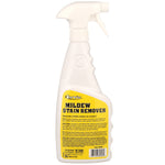 Rear view of white spray bottle with yellow 'Mildew Stain Remover' label and small text instructions