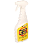 Three-quarter angled view of white spray bottle with visible Star brite yellow 'Mildew Stain Remover' label