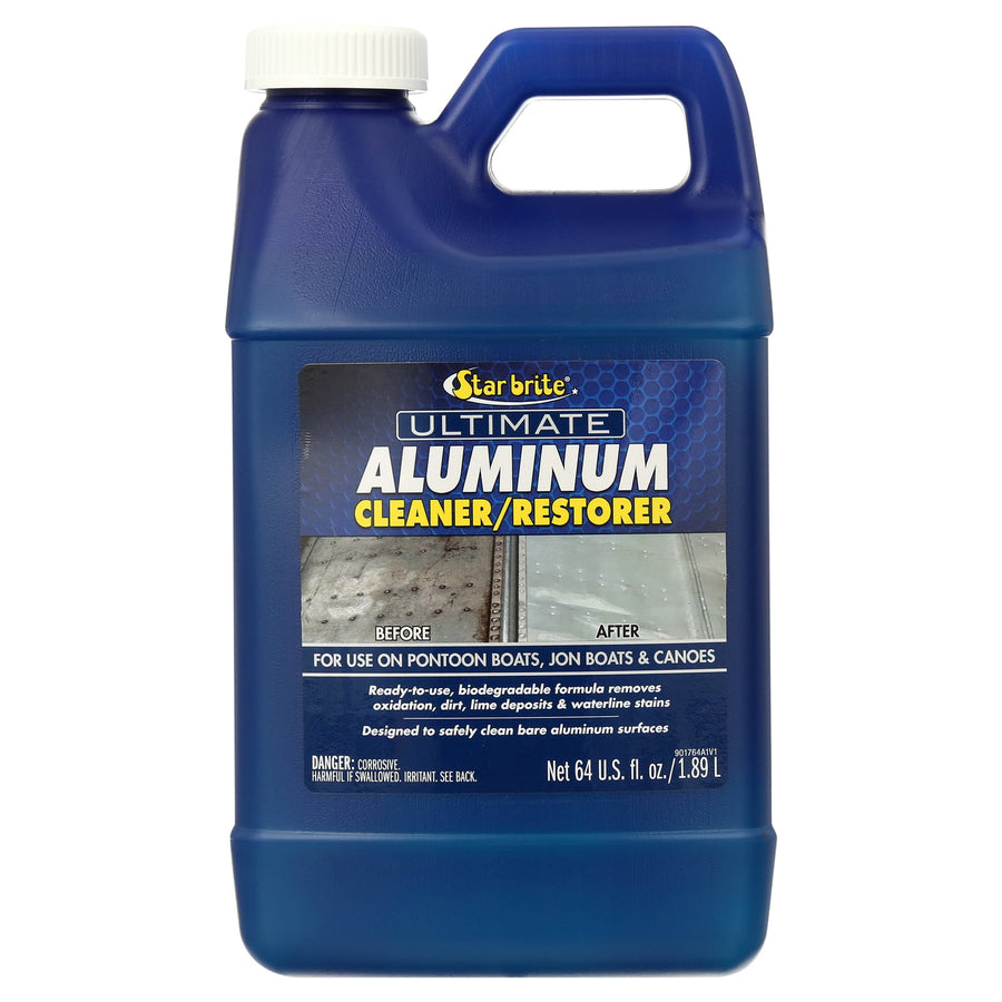 Blue plastic jug of Star brite Ultimate Aluminum Cleaner/Restorer with front label showing before and after comparison.