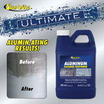 Promotional graphic showing Star brite Ultimate aluminum cleaner jug with a before/after metal surface square and headline 'ALUMIN-ATING RESULTS!'.