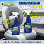 Promotional lifestyle graphic showing two Star brite spray bottles on a boat seat with headline 'Ultimate Vinyl Care'