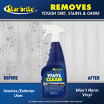 Marketing image of Star brite Ultimate Vinyl Clean bottle with before-and-after vinyl panel and 'Removes tough dirt, stains & grime' text