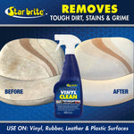 Advertisement showing Star brite Ultimate Vinyl Clean bottle over a split before-and-after car-seat cushion with usage text