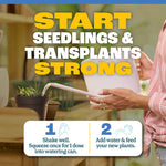 Person watering a potted seedling with a can, overlaid text promoting starting seedlings and transplants strong with two-step instructions