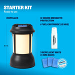 Starter kit infographic showing the Thermacell lantern, fuel cartridge and three blue repellent mats with brief feature text