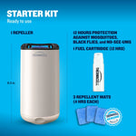 Starter kit layout showing a beige Thermacell repeller, a fuel cartridge, three blue repellent mats and kit contents text