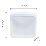 Clear Stasher silicone bag shown with dimension arrows indicating 7.5" width, 7.25" height and 1" depth on a white background