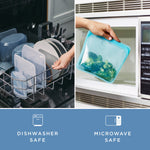 Two-panel image showing Stasher bags in a dishwasher rack and a teal Stasher bag with broccoli being placed into a microwave