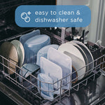 Dishwasher interior loaded with Stasher silicone containers and plates, overlaid text noting easy to clean & dishwasher safe