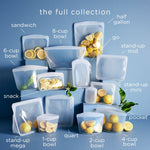 Arranged collection of various Stasher silicone bag and bowl styles labeled with names like sandwich, quart, and stand-up mega against a blue backdrop