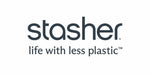 Stasher wordmark logo with the tagline ‘life with less plastic’ on a white background