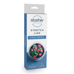 Retail packaging box for Stasher Stretch Lids showing brand logo, product name and circular product image on front