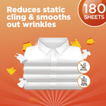 Orange infographic showing stacked white shirts with text about reducing static and wrinkles and a visible '180 SHEETS' circle.