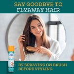 Lifestyle image of woman brushing hair with Static Guard can pictured and headline promoting reduction of flyaway hair