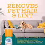 Room scene with a dog on a sofa and Static Guard can inset, headline claims removal of pet hair and lint