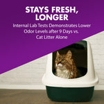 Diagonal purple panel with text 'stays fresh, longer' above a cat sitting inside a covered litter box