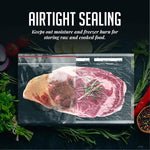 Split visual of a raw steak sealed in a vacuum bag illustrating airtight sealing and freezer protection